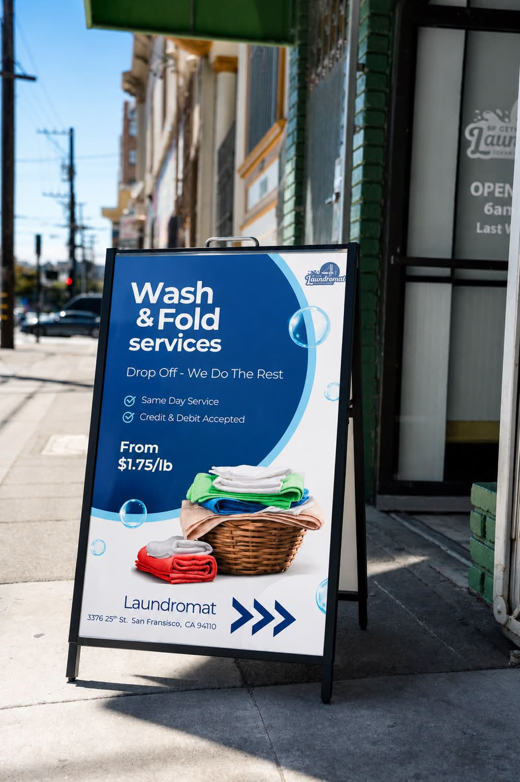 Wash and fold sandwich board outside SF City Laundromat